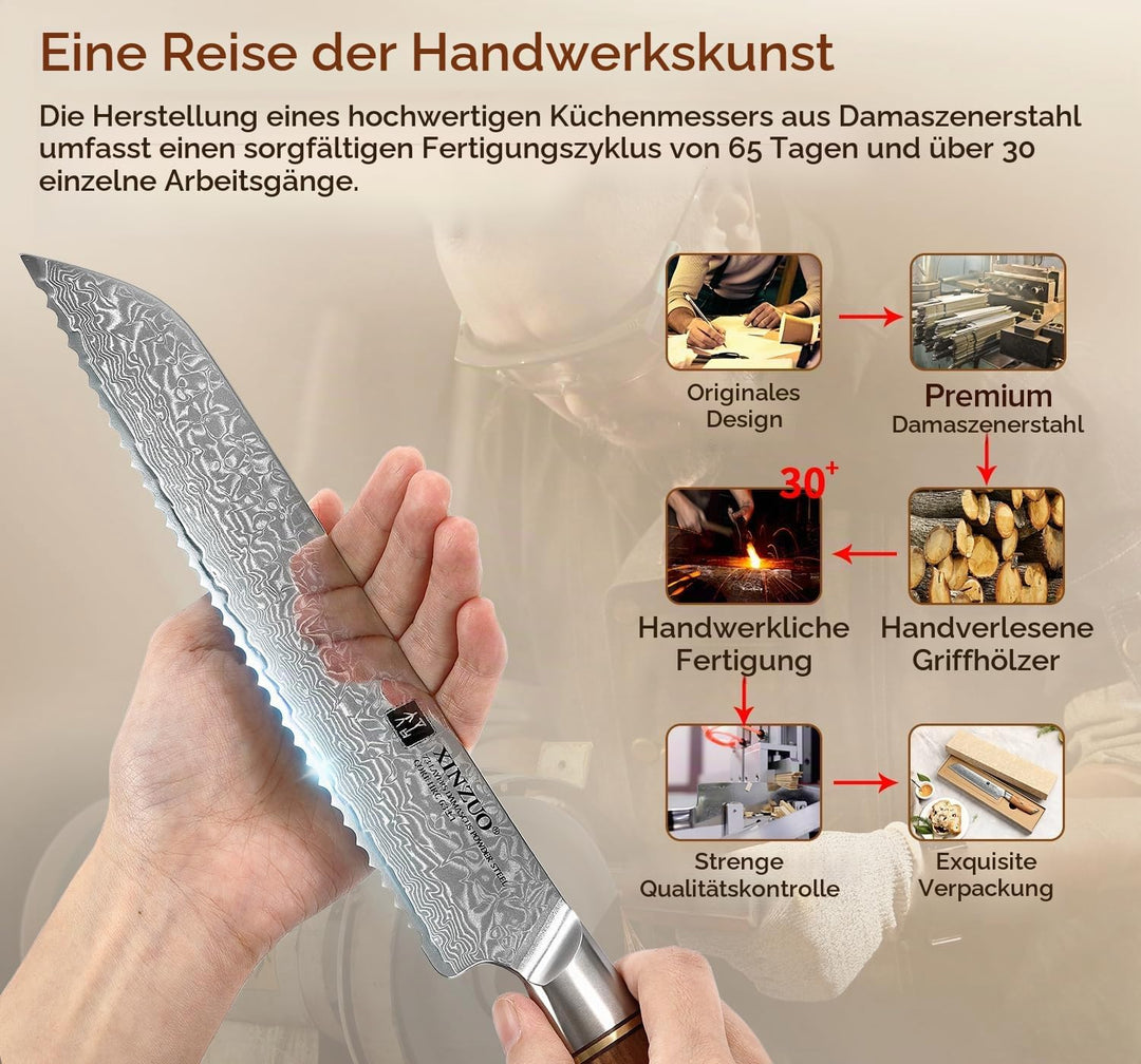 XINZUO Damaststahl Brotmesser 21.2cm, Damastpulverstahl 73 Schichten Küchenmesser, Profi Scharf Dama