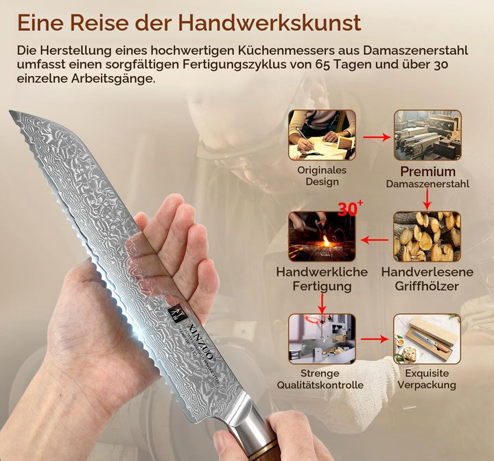 XINZUO Damaststahl Brotmesser 21.2cm, Damastpulverstahl 73 Schichten Küchenmesser, Profi Scharf Dama
