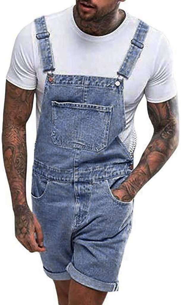 Herren Jeans Latzhose Kurze Streetwear Strap Overall Jumpsuit Regular Fit Jeanshose Washed Denim Kur