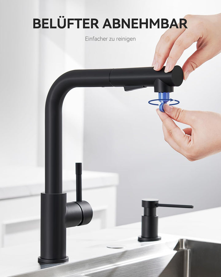 Wasserhahn Küche Schwarz, Hochdruck Küchenarmatur Ausziehbar | Mit Brause Zwei Wasserstrahlarten, 36