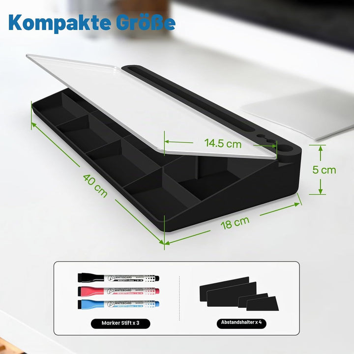 Schreibtisch Whiteboard mit Stauraum, Trockenwisch Glas Whiteboard inklusive 3 Markern, Organizer fü