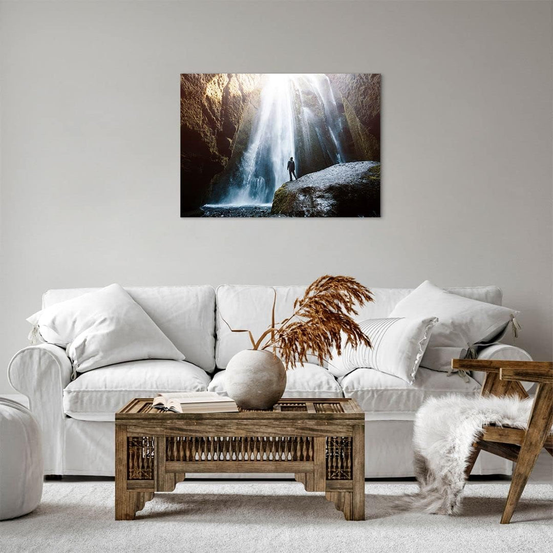 Bilder auf Leinwand Berg Wasserfall Leinwandbild mit Rahmen 70x50cm Wandbilder Dekoration Wohnzimmer