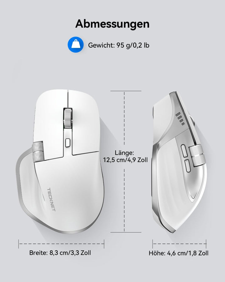 TECKNET Bluetooth kabellose Maus(BT 5.3/5.0+2,4G), Seitliches Mausrad, Wiederaufladbare Maus Ergonom
