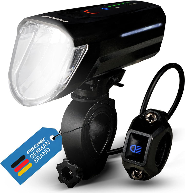 FISCHER Fahrrad LED-Frontlicht 100 Lux Fernlicht, mit Sensormodus, spritzwassergeschütztes Gehäuse,