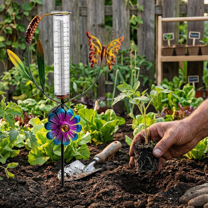 HOSPAOP Solar Regenmesser für Garten mit Erdspiess und LED, Niederschlagsmesser Frostsicher Glas für