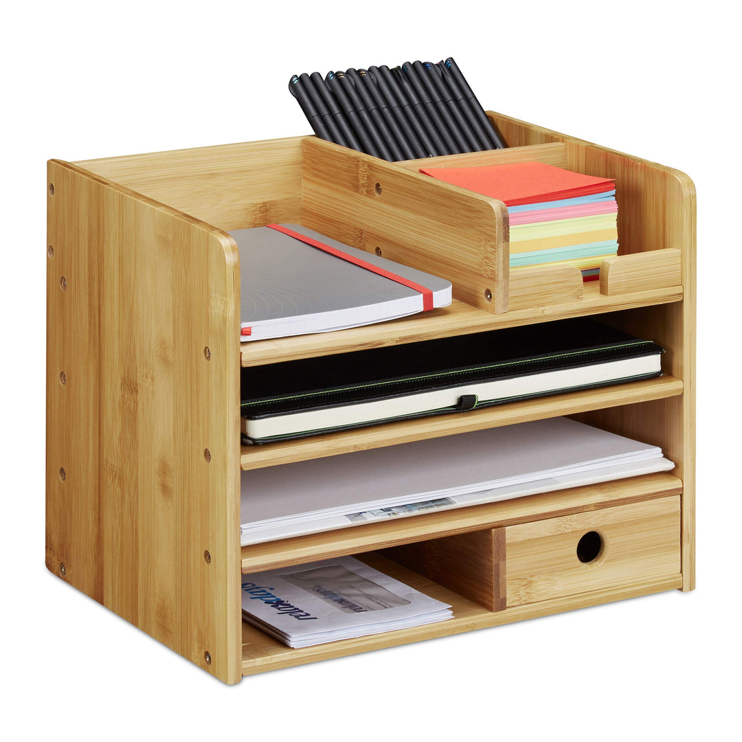 Relaxdays Schreibtisch Organizer, Briefablage A4, Notizzettel und Stifte ordnen, Schublade, Ordnungs