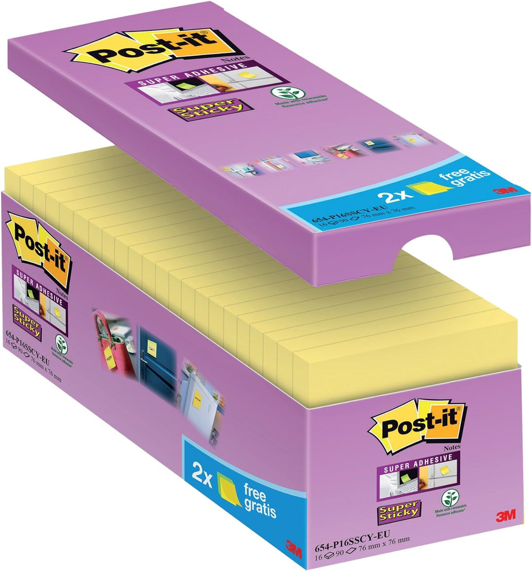 Post-it gelbe Haftnotizen (16er Pack Sticky Notes, gelbe Klebezettel und Haftnotizzettel, 76 x 76 mm