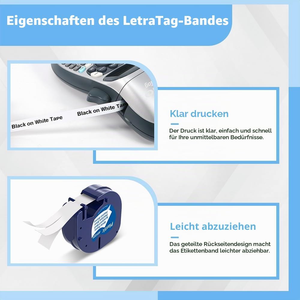 Wonfoucs 5x Etikettenband Ersatz für Dymo LetraTag 12mm x 4m,Kunststoff-Etikettenband kompatibel mit