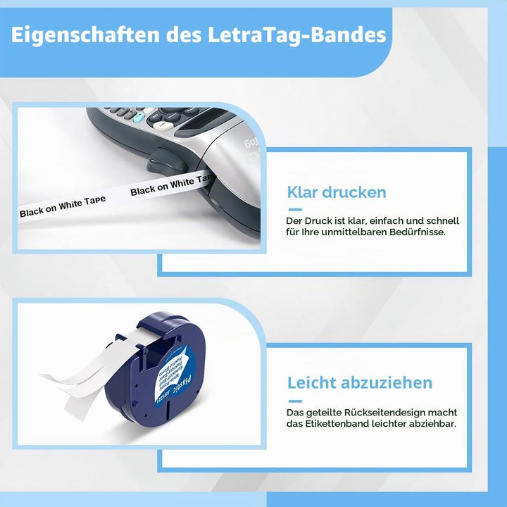 Wonfoucs 5x Etikettenband Ersatz für Dymo LetraTag 12mm x 4m,Kunststoff-Etikettenband kompatibel mit