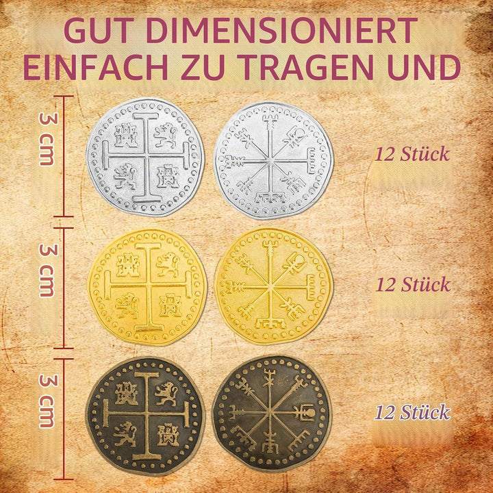 Byhoo 36 Pcs Metall Piraten Token Münzen Set, Realistische Schatz Spanisch Währung Münzen für Pirate