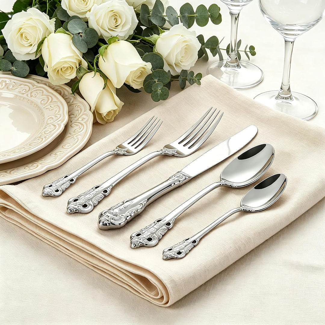 Prächtiges Barock Silber 18/10 Edelstahl Besteck-Set mit 20 Teilen, rostfreies Edelstahl Besteck ink