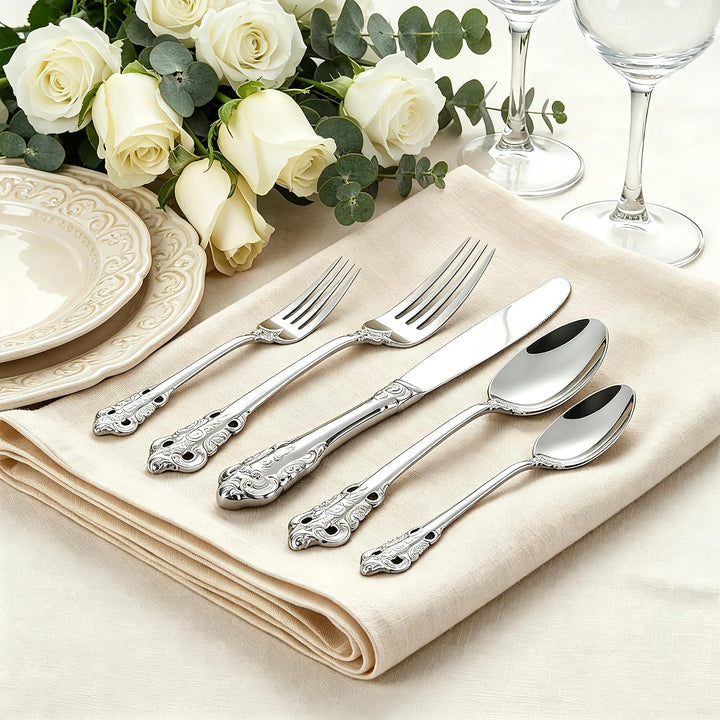Prächtiges Barock Silber 18/10 Edelstahl Besteck-Set mit 20 Teilen, rostfreies Edelstahl Besteck ink