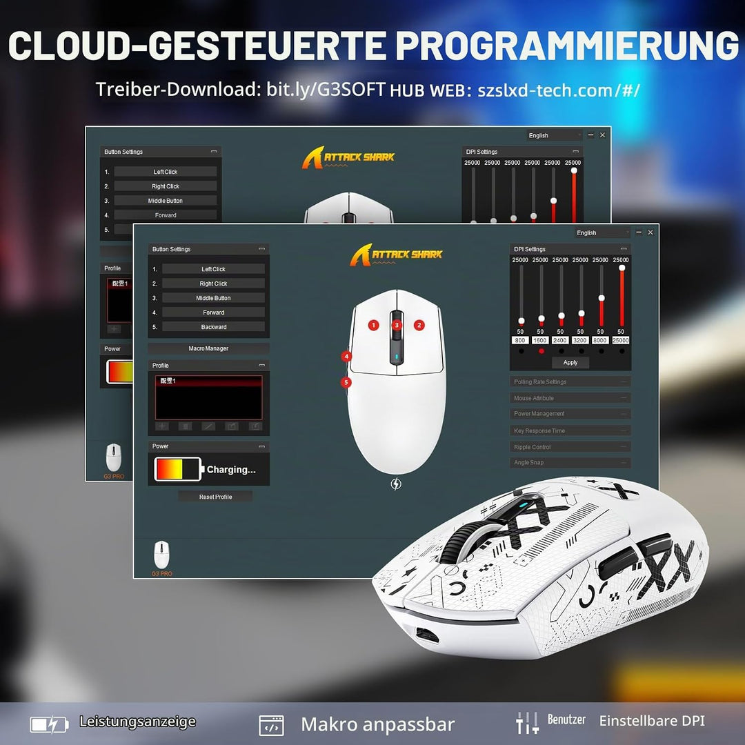 MAMBASNAKE x Attack Shark G3PRO Gaming-Maus mit Magnetischer Ladestation, BT/2.4G Wireless/Kabel, Pi