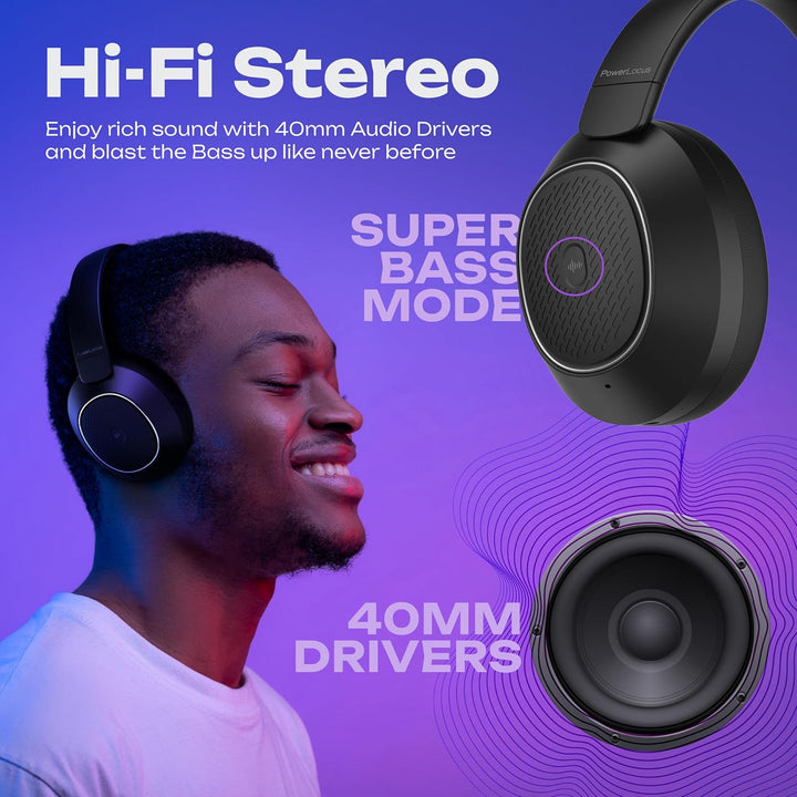 PowerLocus Hybrid Active Noise Cancelling Kopfhörer, 60 Std. Spielzeit Kopfhörer Kabellos, Transpare