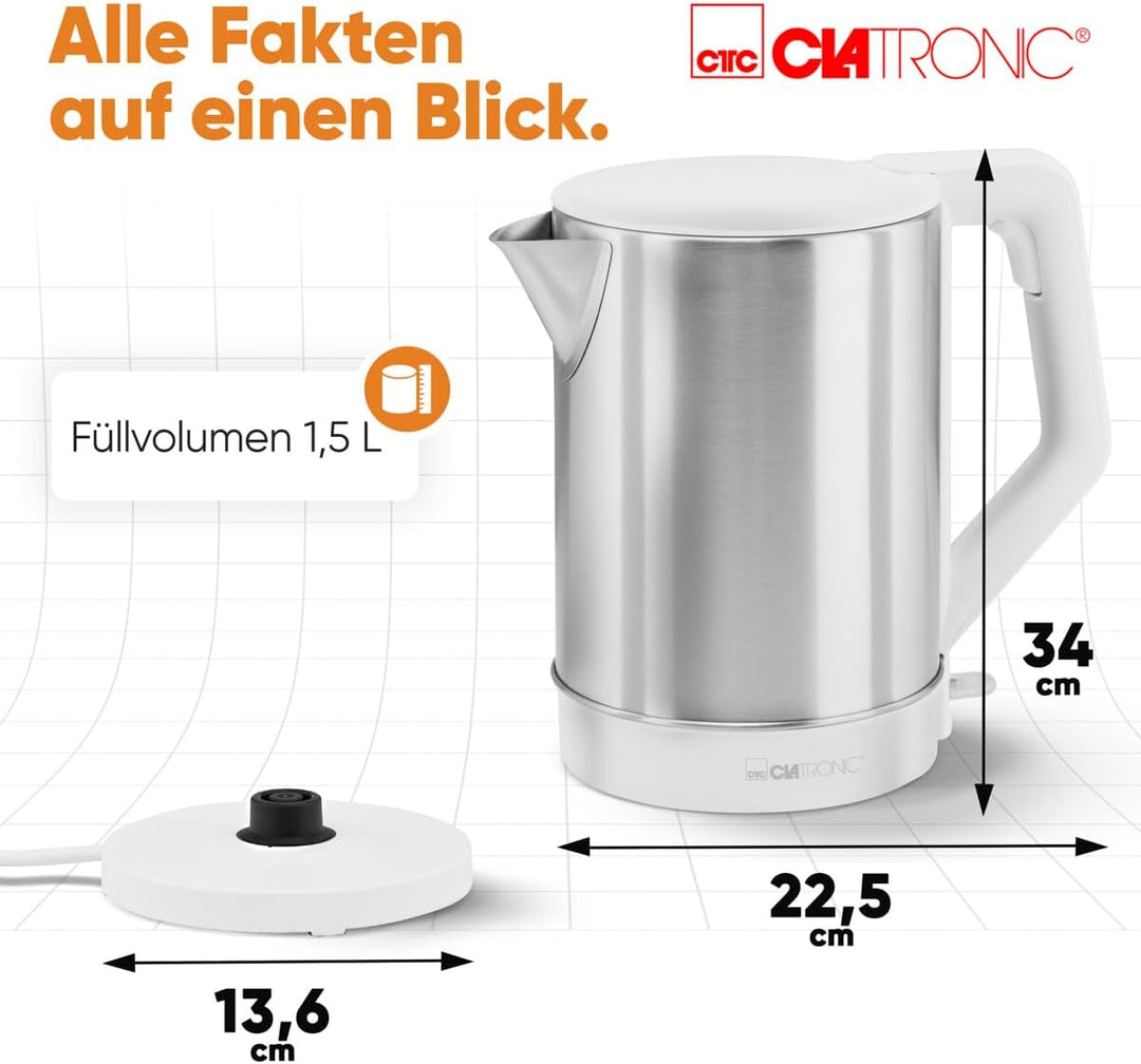 Clatronic® Wasserkocher | 1.5 Liter Füllmenge | Sicherheitsklappdeckel | 2200 W Leistung | verdeckte