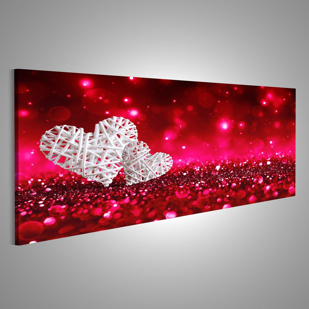 islandburner, Bild auf Leinwand Zwei Weidenherzen auf rotem, funkelndem Glitzer Wandbild Poster Lein