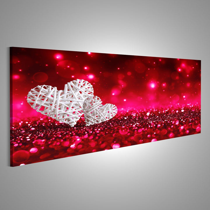 islandburner, Bild auf Leinwand Zwei Weidenherzen auf rotem, funkelndem Glitzer Wandbild Poster Lein