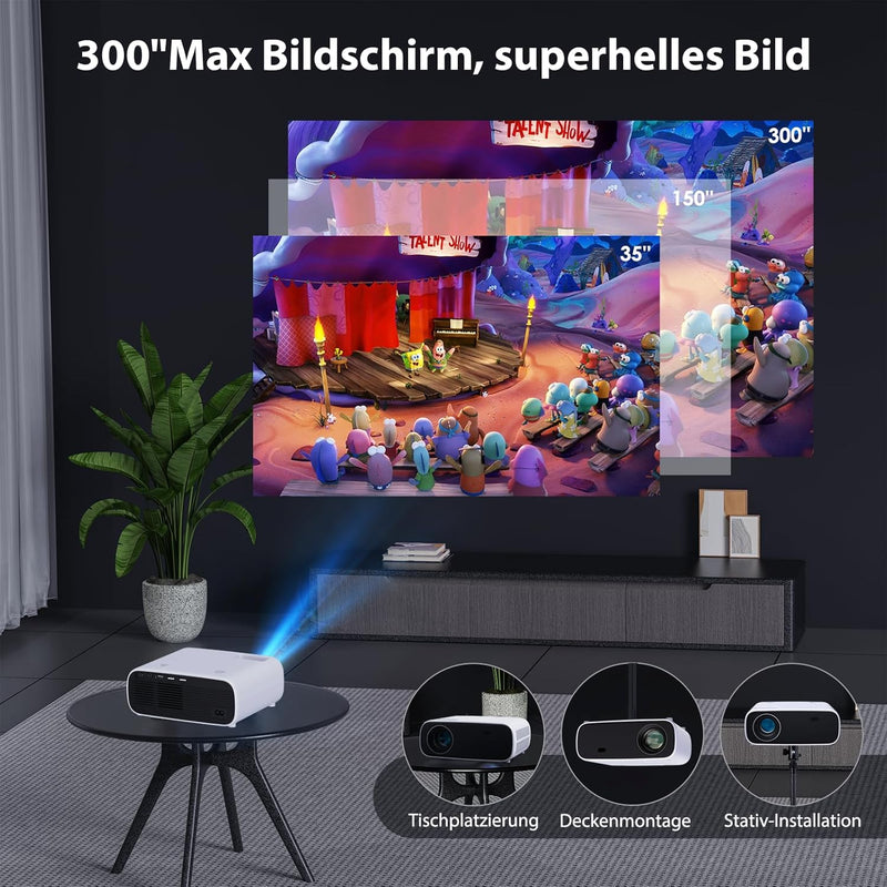 Wielio Beamer, Full HD 1080P Heimkino Beamer, Bluetooth und WiFi aktiviert, Eingebauter Sound, Kompa