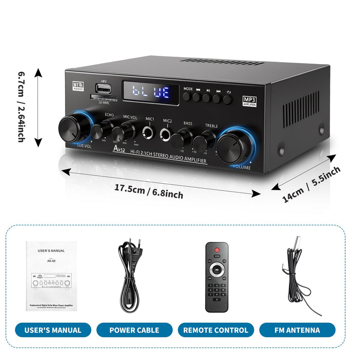 2.1-Kanal Bluetooth 5.3 HiFi-Verstärker mit Subwoofer – 1000W Peak | (50W+50W RMS) SD/USB/FM Radio |