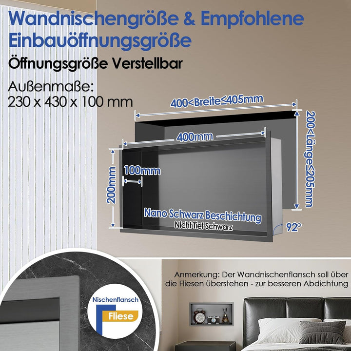 ROVOGO 40 x 20 x 10 cm Nano Schwarz Wandnische Dusche Edelstahl, Eingebettete Duschnische Einzelrega