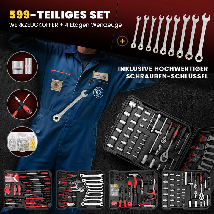 WALTER STAHL Werkzeugkoffer gefüllt 599 tlg | Werkzeugkasten | Aluminiumkoffer | Werkzeug Set | für