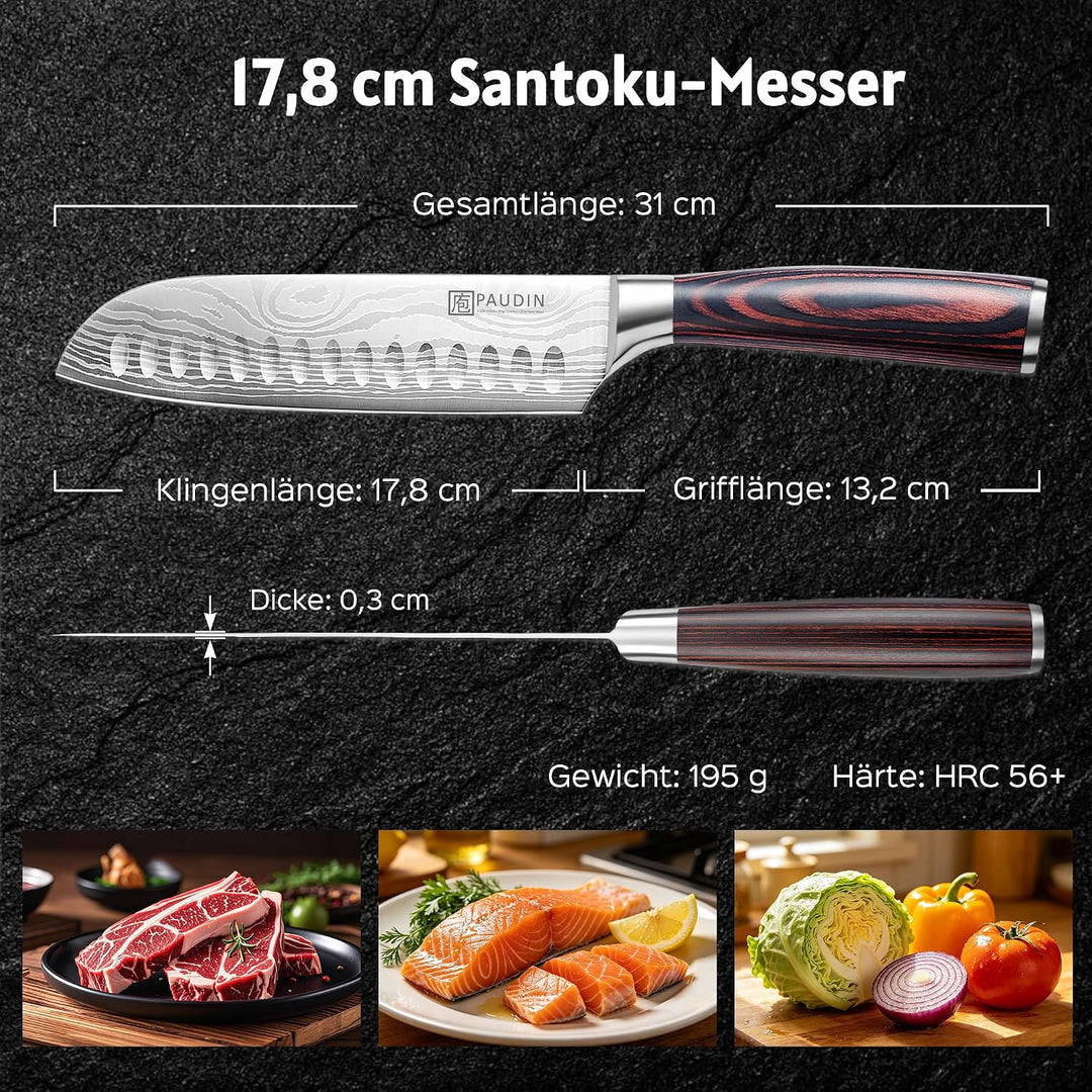 PAUDIN Santokumesser, Klingenlänge17cm Kochmesser aus deutschem Messerstahl, Sushi Messer Küchenmess