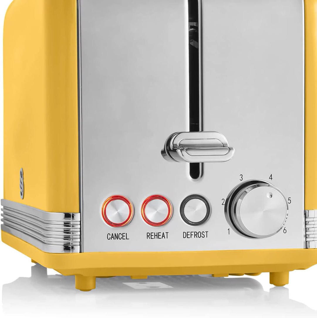 Swan Retro ST19010YELNEU 2-Scheiben-Breitschlitz-Brottoaster, Vintage Design, 3 Funktionen: Auftauen