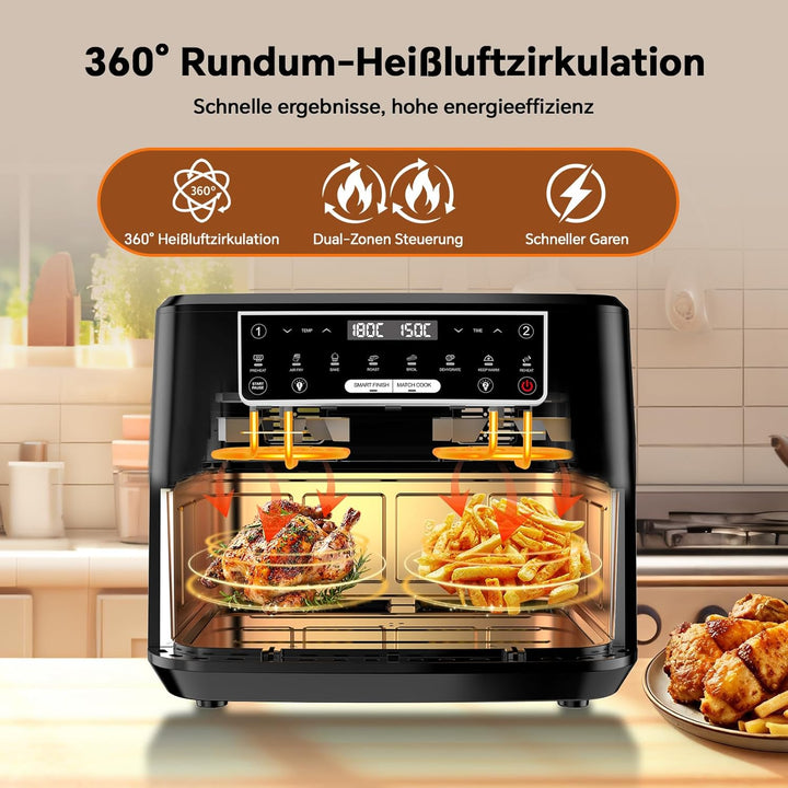 Heissluftfritteuse 12L XXL 2-in-1 Dual-Zone-Technologie, 2600W Doppel-Heizelement Air Fryer mit Sich