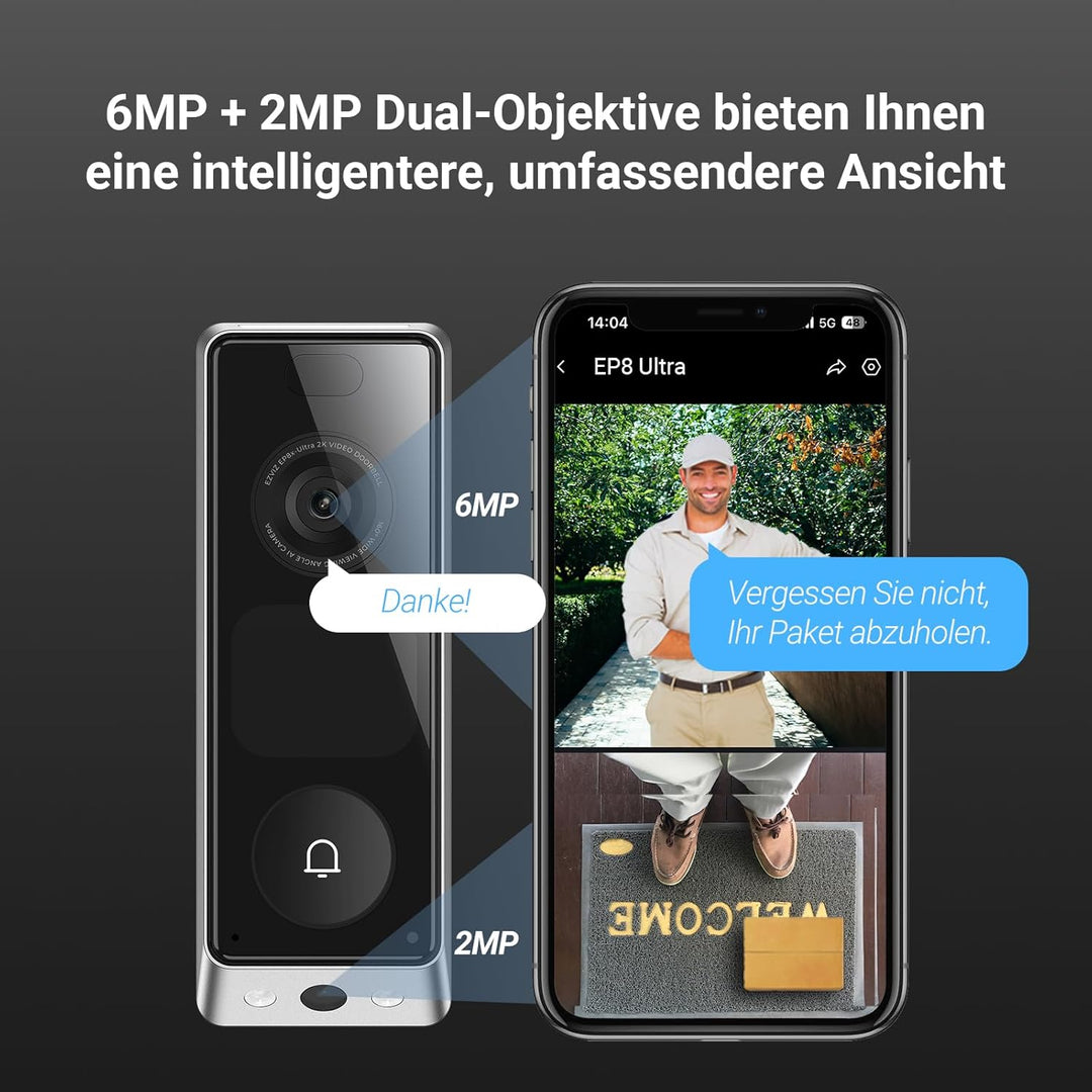 EZVIZ Video Türklingel mit Dual-kamera 6MP&2MP und Chime, WLAN Klingel Kabellos, 2*9600mAh Akku, Int
