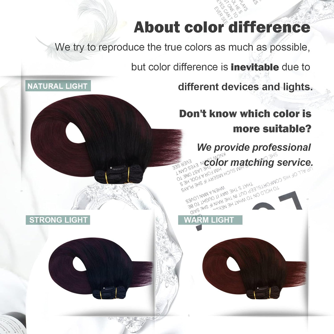 Moresoo Clip Extensions Echthaar Balayage Schwarz bis Weinrot Remy Echthaar Extensions Clip Doppelt