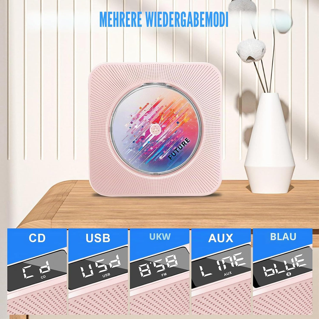 Tragbarer CD-Player für Zuhause, HoneTeek persönlicher CD-Player mit Bluetooth, Lautsprecher, Musik-