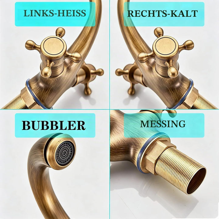 Badarmatur Doppelhebel aus Antikem Messing, Doppelhebel aus Antikem Messing
