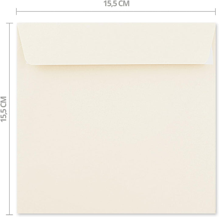 50 quadratische Briefumschläge Farbe: Creme - 15,5 x 15,5 cm (155 x 155 mm) - Haftklebung mit gerade