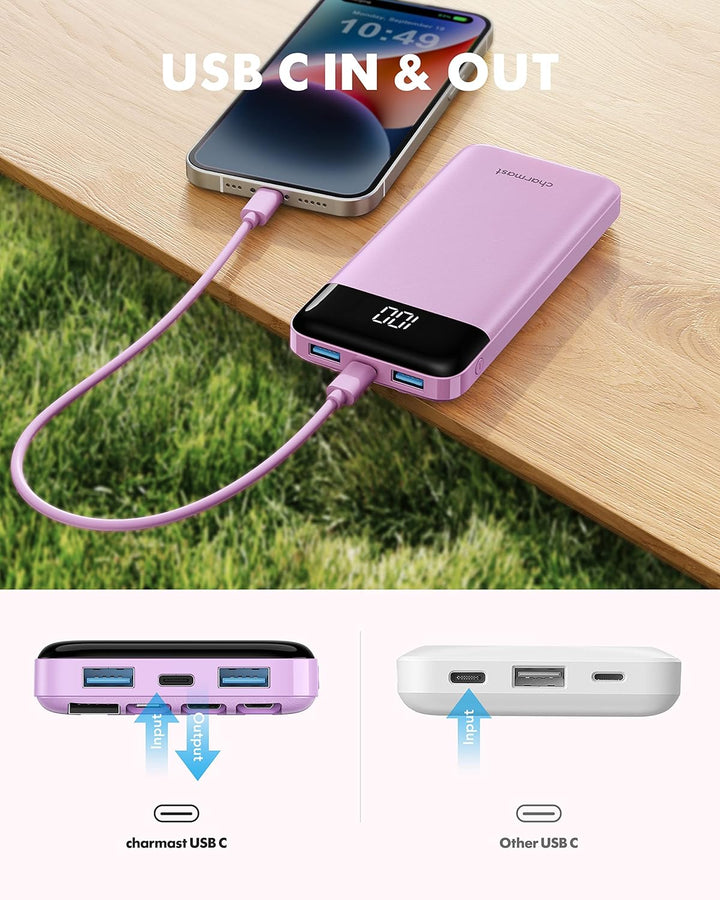 Charmast Power Bank, Slim 10000mAh Powerbank mit Kabel USB C und LED-Display, 6 Ausgängen Klein Aber