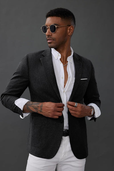 Blazer Herren Leinen Sakkos für Herren mit Gekerbtem Revers 2 Knöpfe Regular Fit, L Grau