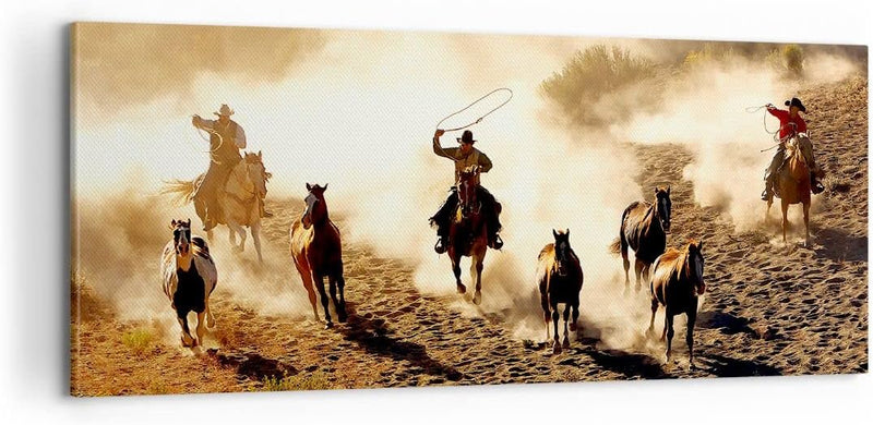 Panorama Bilder auf Leinwand 100x40cm Leinwandbild Cowboys Pferde Galopp Gross Wanddeko Bild Schlafz