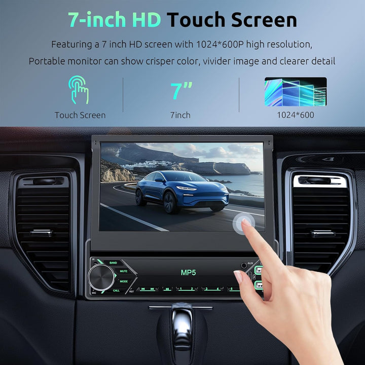 Autoradio 1 Din mit Drahtlos Carplay Android Auto, 7 Zoll IPS HD Manueller Flip Touchscreen Autoradi