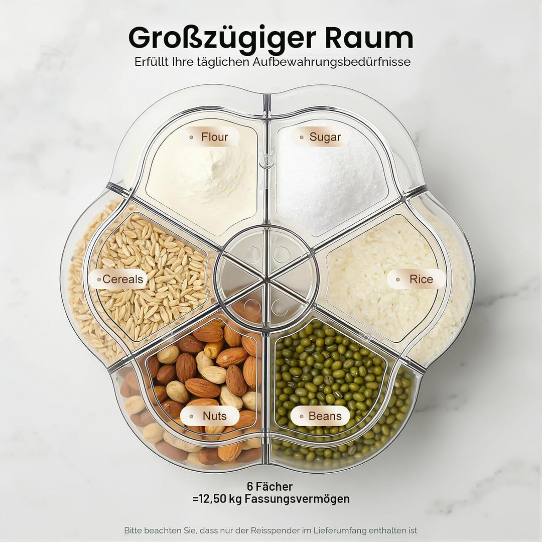 Drehbarer Getreidespender mit 6 Fächern - Müslispender - rotierender Reisspender - Organizer zur Auf