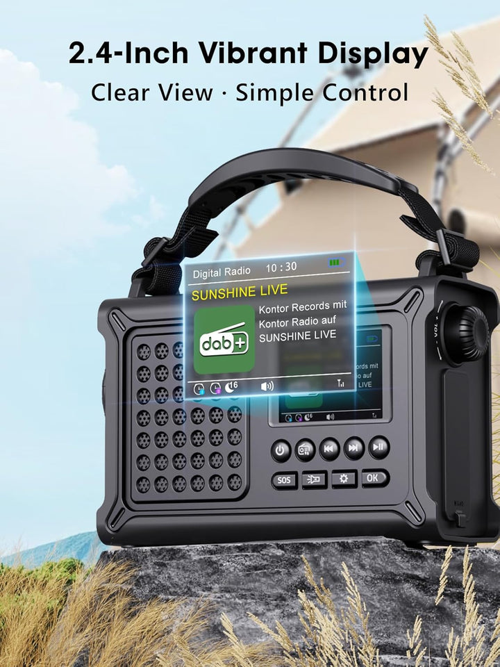 ROCAM Kurbelradio DAB+/UKW, Tragbare Notfallradio 12000mAh mit 8500mm² Solarpanel & 650mA Kurbel, Di