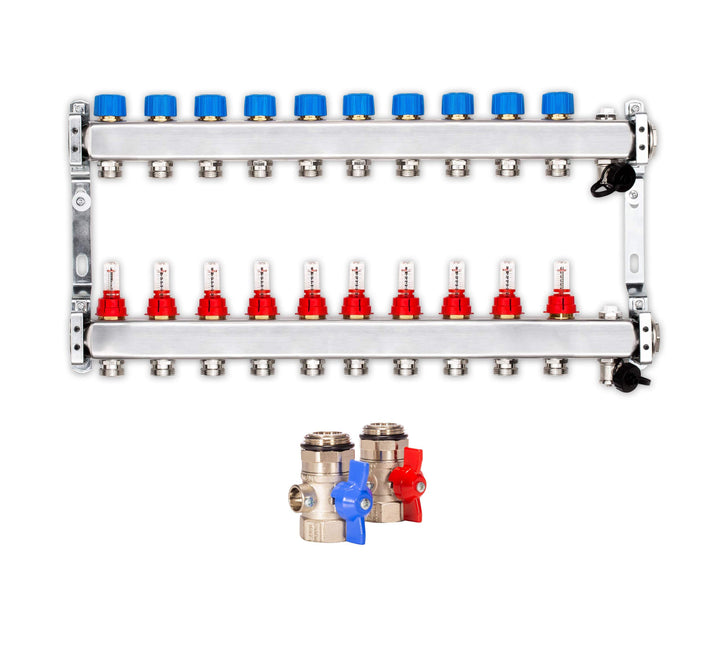 Selfio Heizkreisverteiler PREMIUM mit Durchflussmesser und Kugelhahn-Set (10 Heizkreise), 10 Heizkre