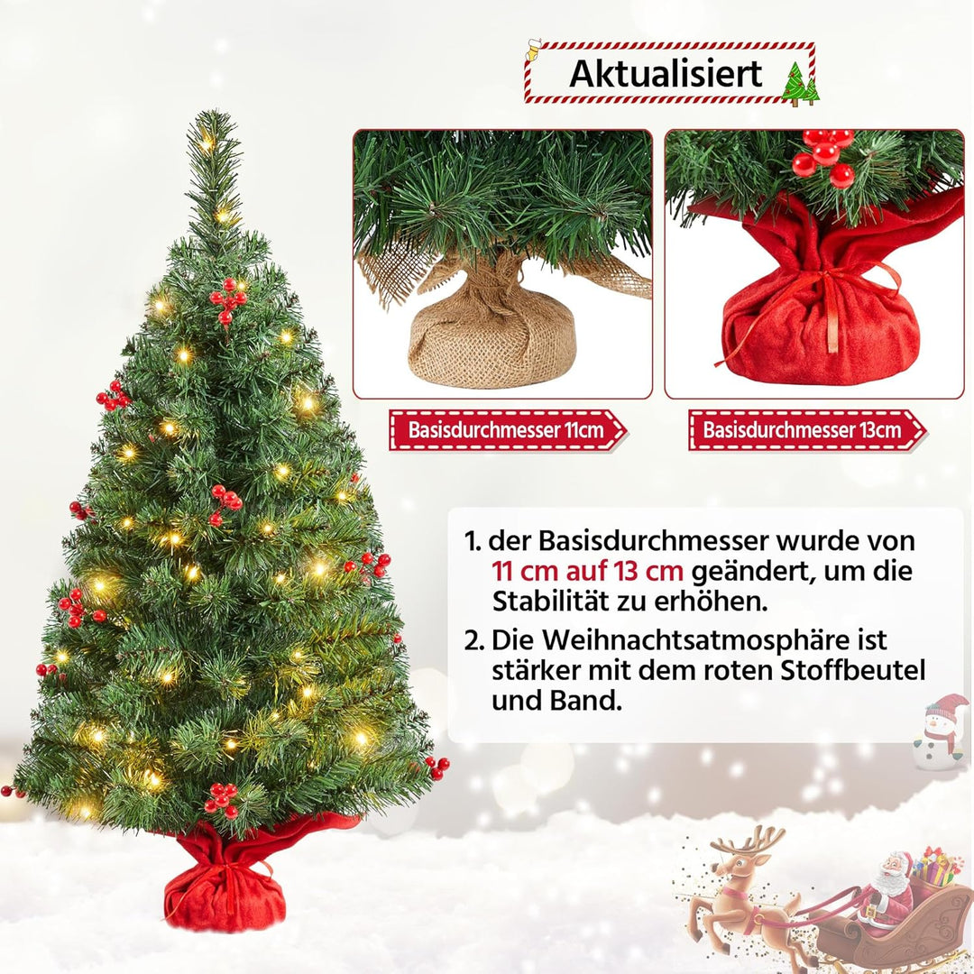 Yaheetech 90cm Mini Künstlicher Weihnachtsbaum mit 50 Warmweiss LED Beleuchtung & 60 Roten Beeren Kl