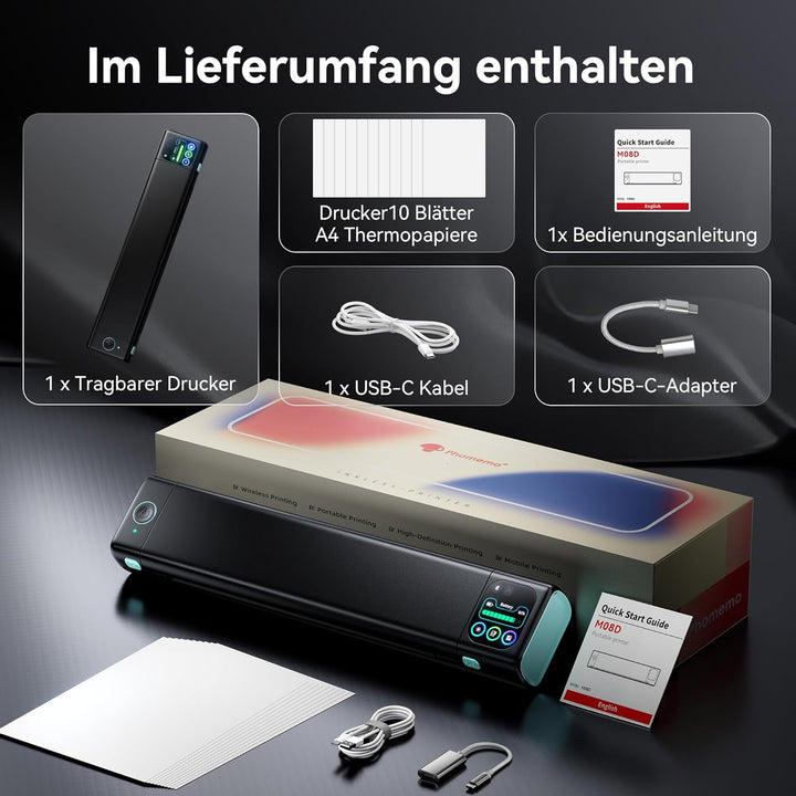 Phomemo M08D Touchscreen Mobiler Drucker, Bluetooth Thermodrucker A4, Rechnungen, Reisedrucker, Mini