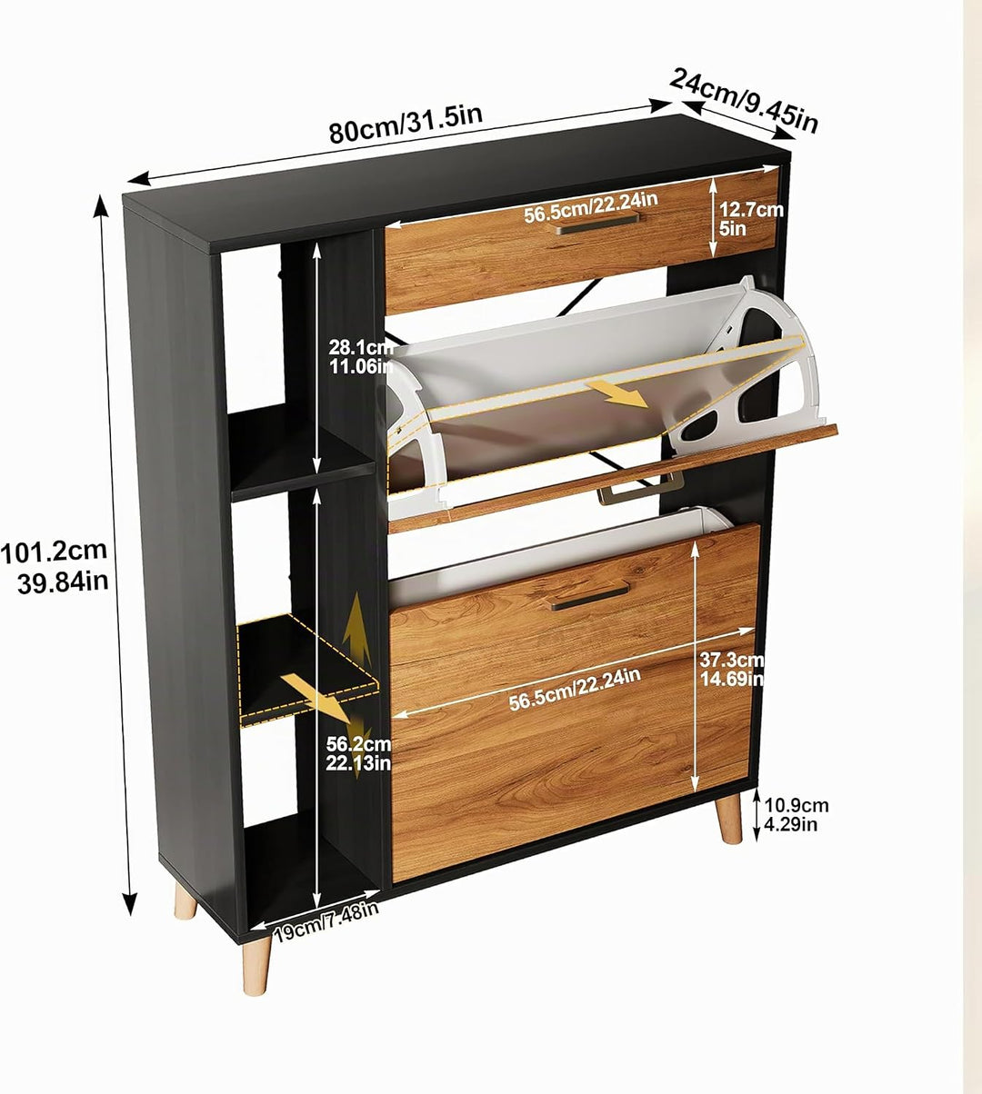 Schuhschrank mit 2 Klappen Schmal Schuhschrank mit 2 Flip-Schuhregal 1 Schublade und 3 Ablagefächer