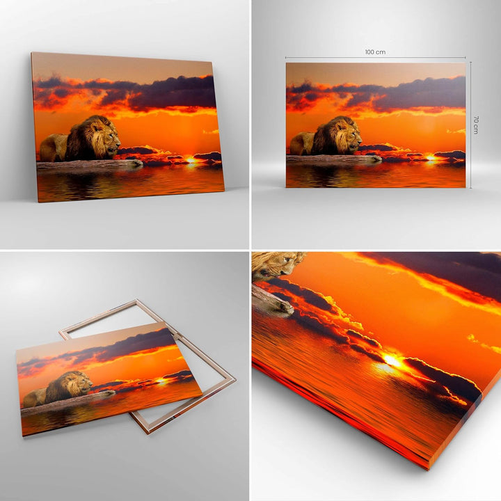 ARTTOR Bilder auf Leinwand 100x70cm Leinwandbild Löwe Sonne Landschaft Gross Wanddeko Bild Schlafzim