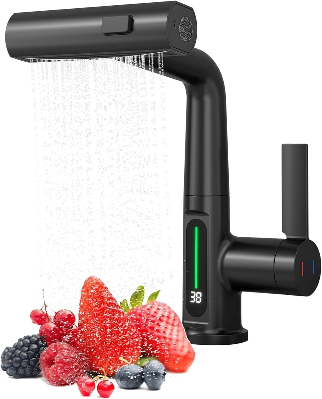 Wasserhahn Küche mit Temperaturanzeige, Hochdruck Wasserfall Küchenarmatur Ausziehbar,Einhebel Misch