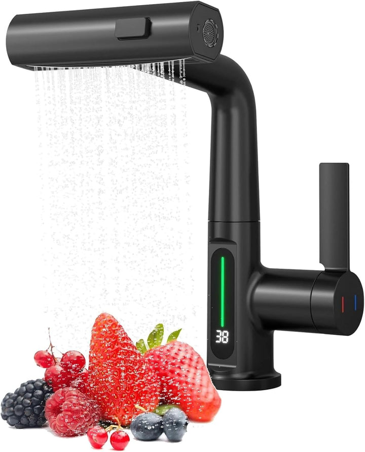 Wasserhahn Küche mit Temperaturanzeige, Hochdruck Wasserfall Küchenarmatur Ausziehbar,Einhebel Misch
