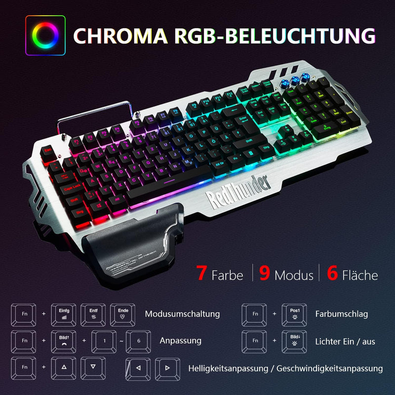 RedThunder K900 Halbmechanisch Gaming Tastatur [Version 2022], QWERTZ DEUTSCH Layout, RGB Beleuchtet