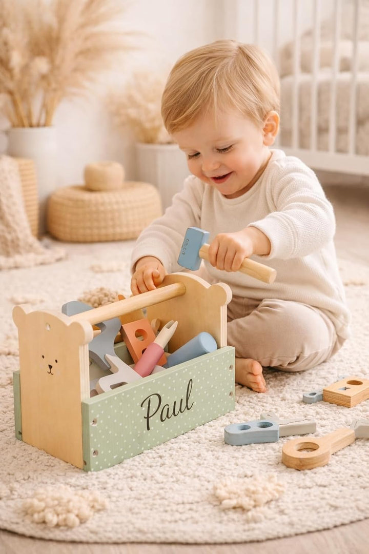 Personalisierter Werkzeugkasten aus Holz – Teddy-Design – Lernspielzeug mit Gravur – Perfekt zum 1.