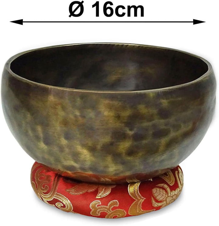 keepdrum Tibetische Bronze-Klangschale Singing Bowl 16 cm mit Klangschalen-Reiber Schlägel und Unter