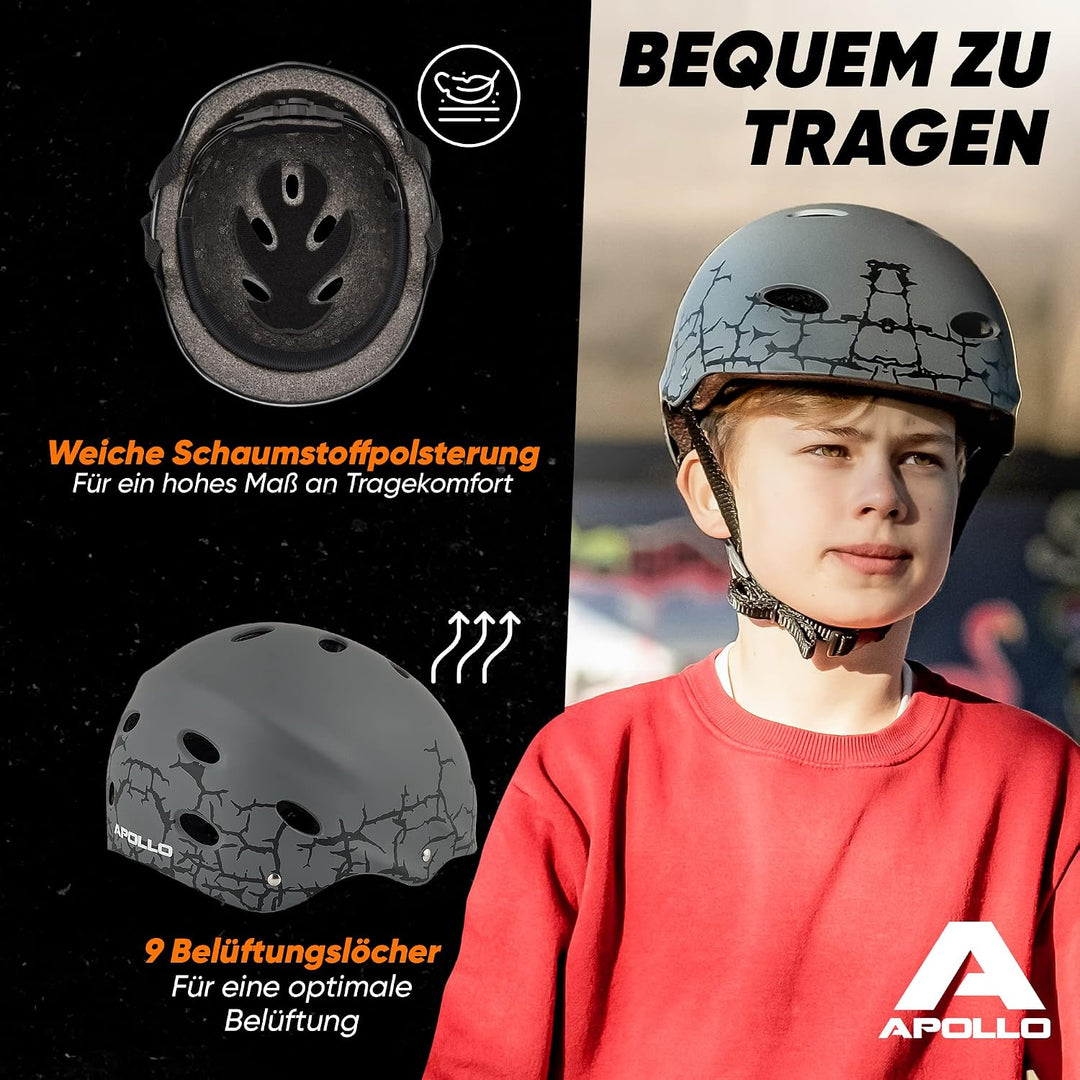 Apollo Skaterhelm Kinder, Damen &amp; Herren, Fahrradhelm 52-58 verstellbar | Verstellbarer Helm mit Dre